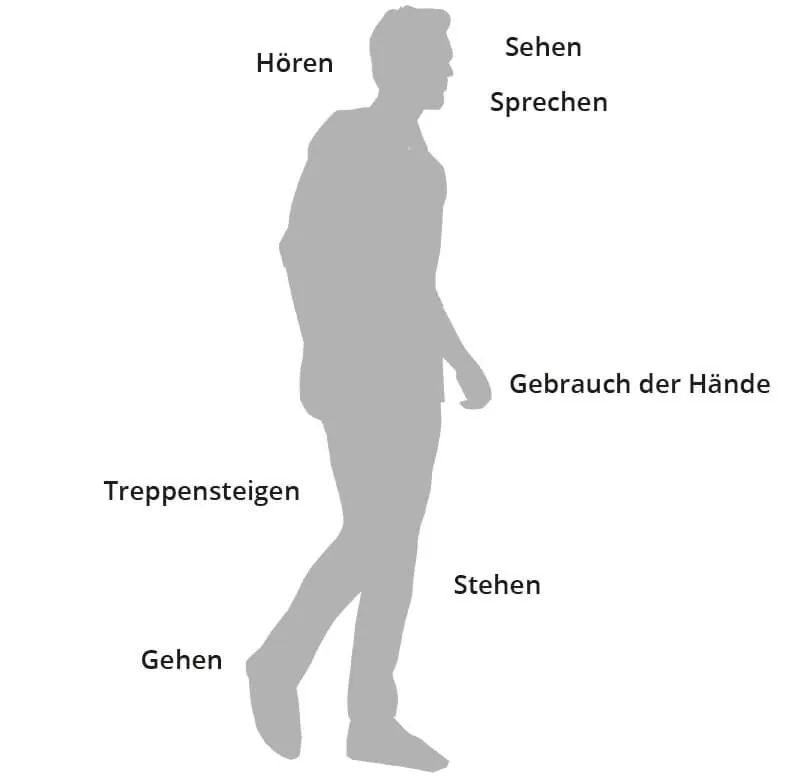 Grafik der wichtigsten Grundfähigkeiten: Hören, Sehen, Sprechen, Gebrauch der Hände, Treppensteigen, Stehen und Gehen