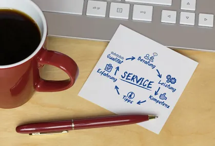 Notizzettel mit dem Wort Service neben einer Kaffeetasse auf dem Schreibtisch